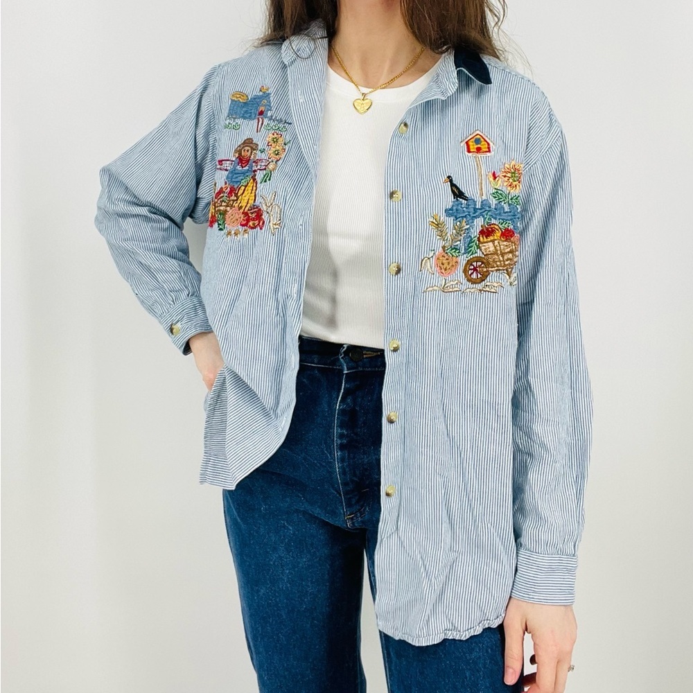 Vintage Light Blue Pinstripe Embroidered Button-Down Shirt